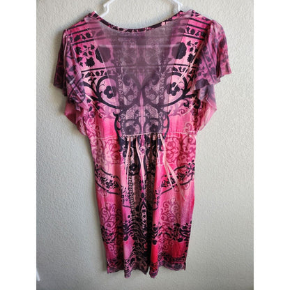 Vintage Cato Womens Sz S Shift Dress Knee Length Pink Black Studded V Neck