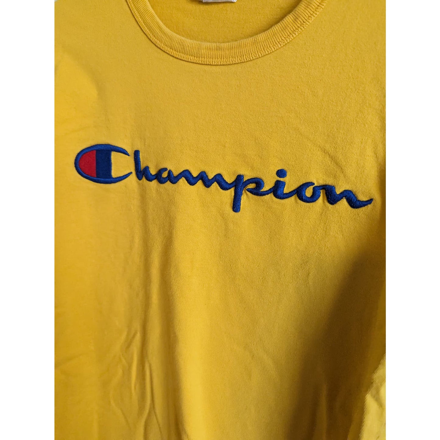 Vintage Champion Womens Sz S Long Sleeve T Shirt Yellow w/ Blue Embroidered Logo