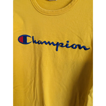 Vintage Champion Womens Sz S Long Sleeve T Shirt Yellow w/ Blue Embroidered Logo