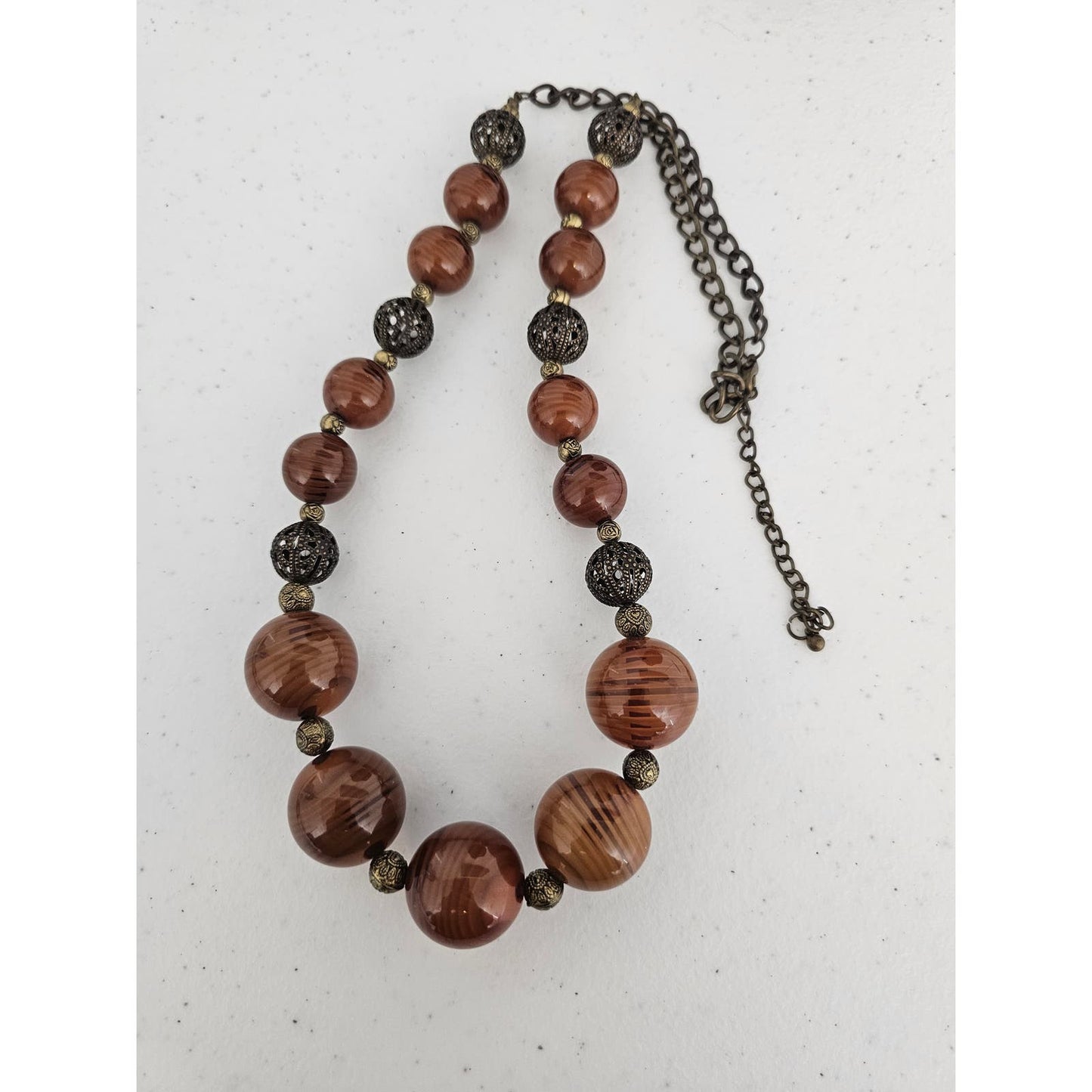 Vintage Mid Century Chunky Graduated Beaded Necklace Brown Single Strand