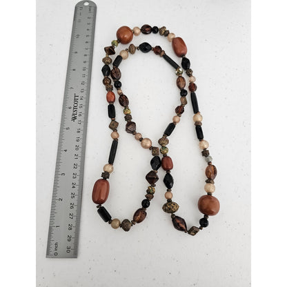 Vintage Mid Century Single Strand Necklace Brown Beige Copper Tone Beads