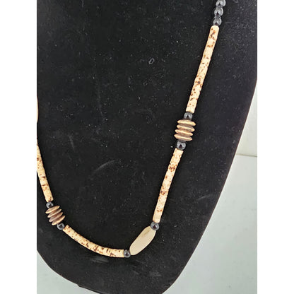 Vintage Mid Century Wooden Beaded Single Strand Necklace Beige Black Mod