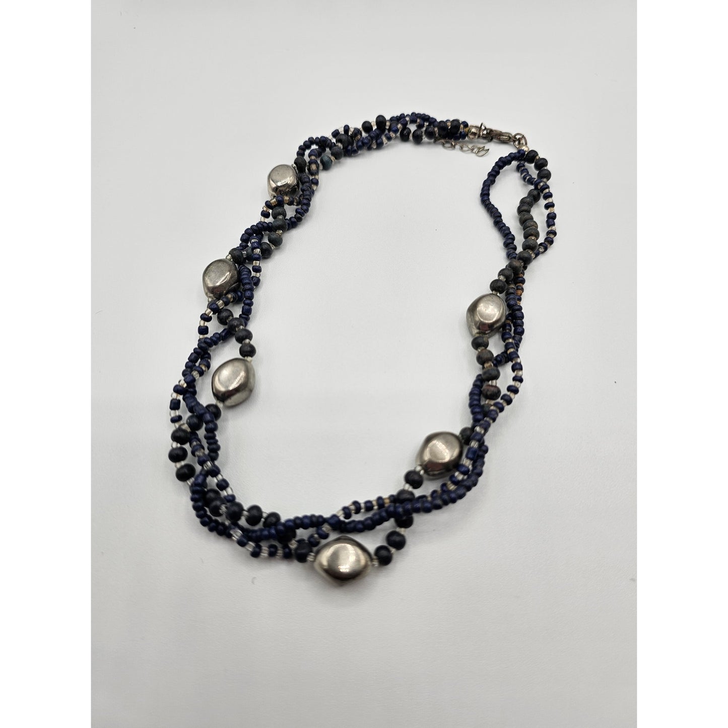 Cintage Y2K Braided Seed Bead Necklace Blue and Silver Tone Beads