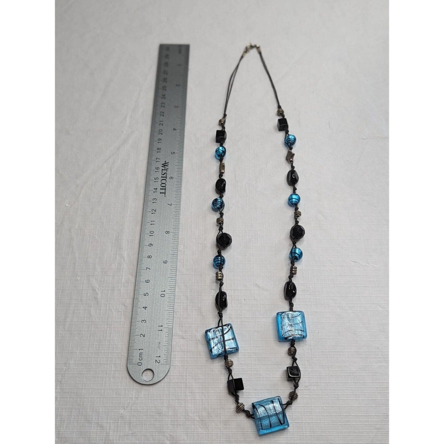 Vintage Blue and Black Glass Art Deco Beaded Necklace 1970s