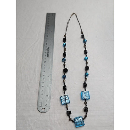 Vintage Blue and Black Glass Art Deco Beaded Necklace 1970s