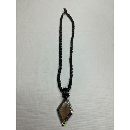 Vintage Onyx Black Beaded Rope Necklace w Mother of Pearl Pendant Southwestern