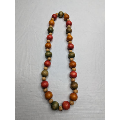 Vintage 1960s Womens Single Strand Wooden Round Beaded Necklace Chunky