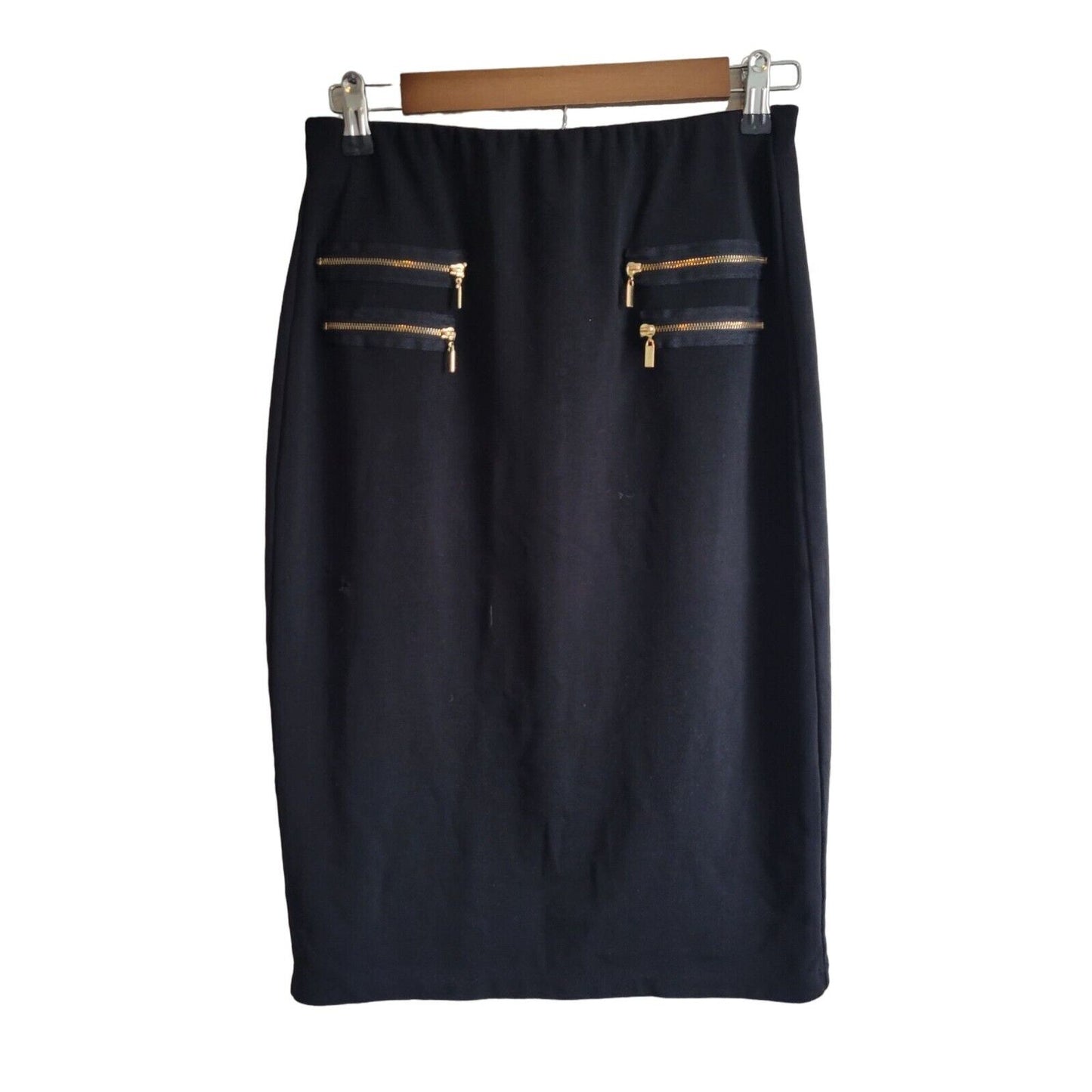 Grace Elements Womens Sz S Knee Length Pencil Skirt Black Gold Zippers