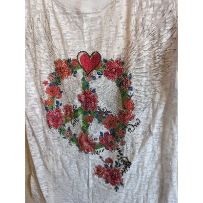 Vintage Y2K Crystal Saint USA Womens Sz M Short Sleeve T Shirt Peace Sign Burnou