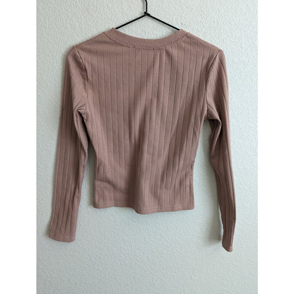 Shein Womens Sz S Long Sleeve Cropped V Neck Shirt Mauve Ribbed