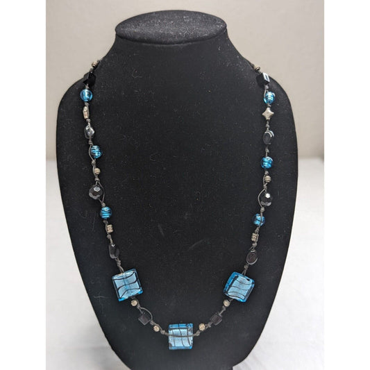 Vintage Blue and Black Glass Art Deco Beaded Necklace 1970s