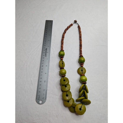 Vintage 1970s Wooden Beaded Necklace Brown and Lime Green Disk Beads