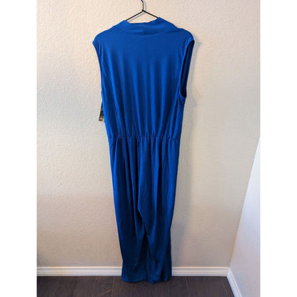 Calessa Womens Sz L Solid Blue Jumpsuit Sleeveless Wrap Style NEW