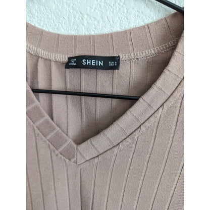 Shein Womens Sz S Long Sleeve Cropped V Neck Shirt Mauve Ribbed