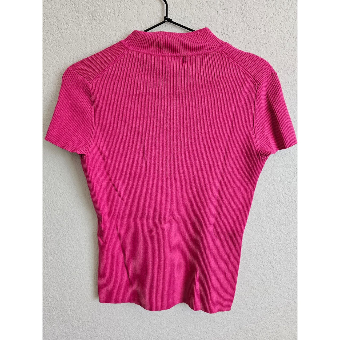 Evie Womens Sz S Bright Pink Ribbed Short Sleeve Knit Blouse Silk Blend