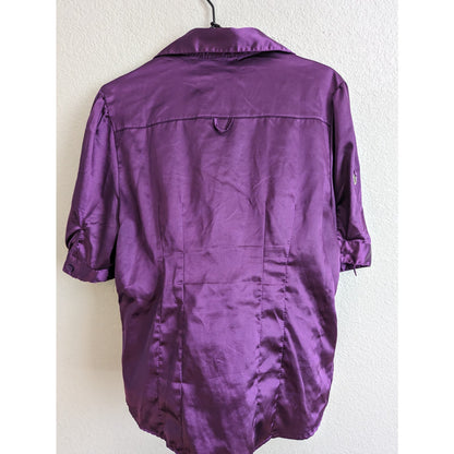 Vintage Y2K Voice Womens Sz L Satin Button Up Blouse Purple Metallic