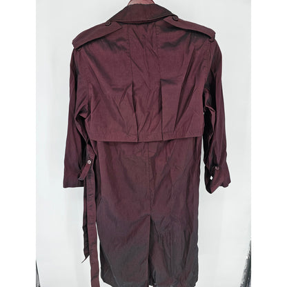 Vintage 1980s Womens Sz M Midi Length Trench Coat Purple Metallic Sheen Belted