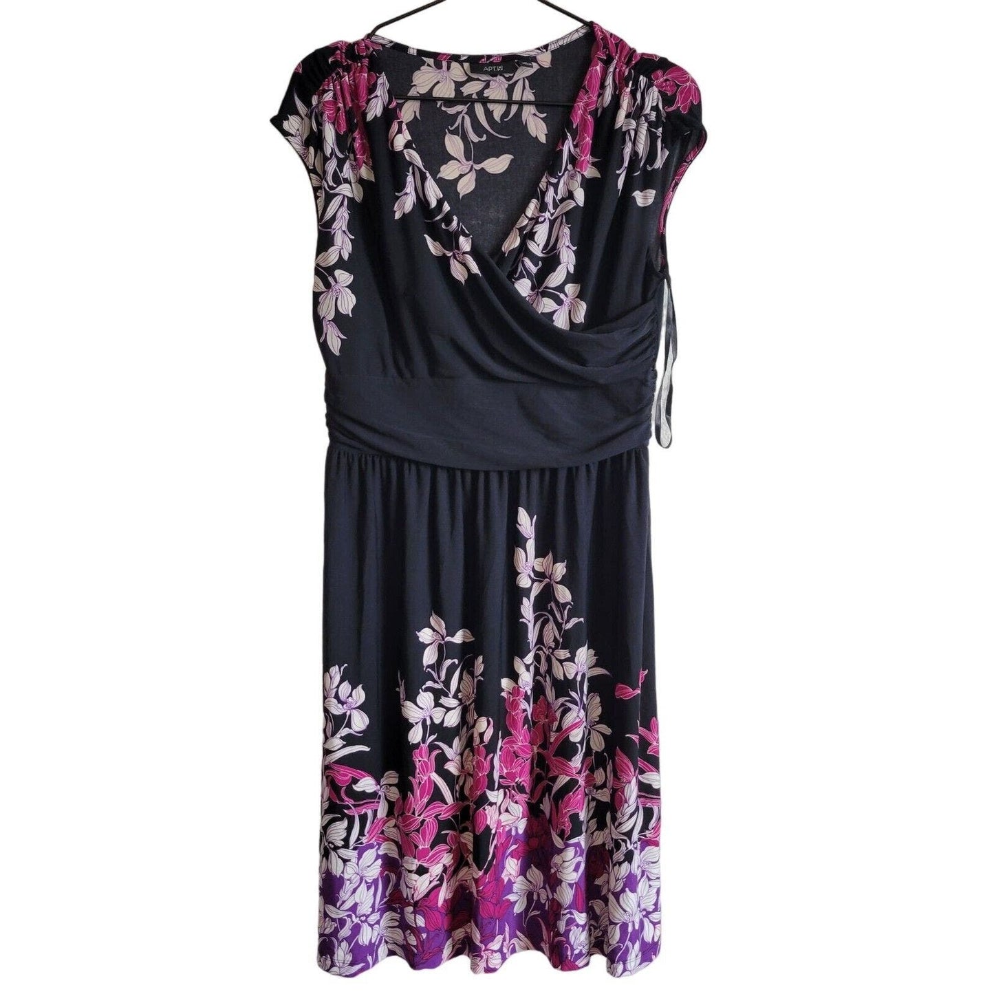 Apt 9 Womens Sz M Midi Career Dress Black w/ Pink and Purple Flowers