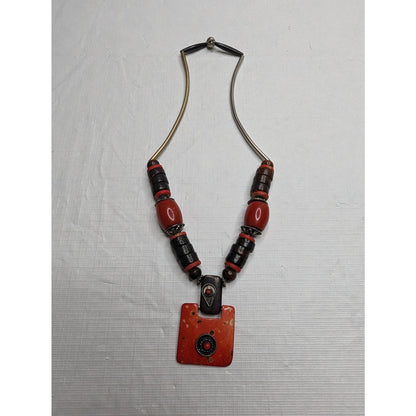 Vintage 1960s Mid Century Red Pendant Style Necklace Metal accents