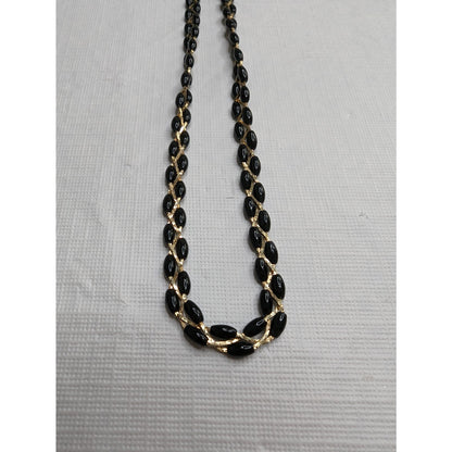 Vintage Dainty Braided Gold Tone Chain Necklace w/ Black Beads