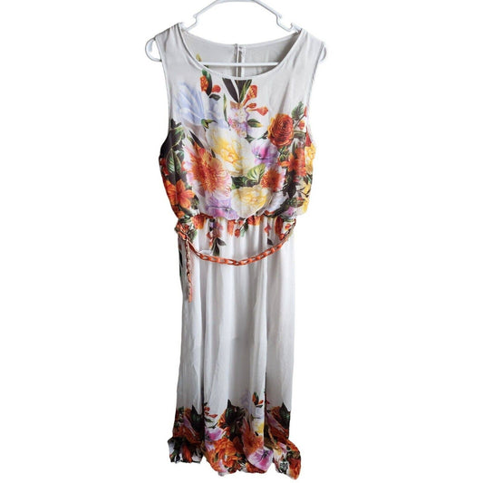 Bisou Bisou Womens Sz 8 Formal Maxi Dress Belted White Orange Floral Sleeveless