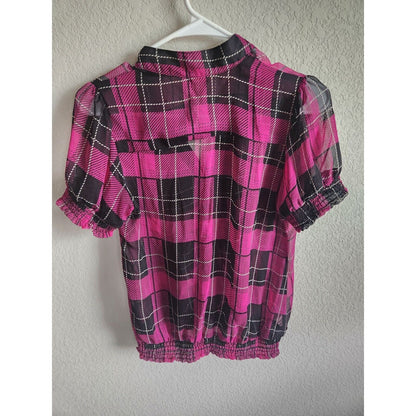 One Clothing Womens Sz M short Sleeve Semi Sheer Blouse Pink Black Plaid