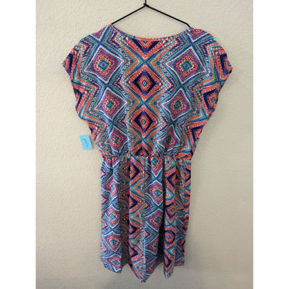 Just Be Womens Sz M Short Sleeve Knee Length Dress Colorful Geometric NEW