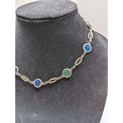 Vintage Y2K Silvertone Chain Necklace Blue Green Round Stones