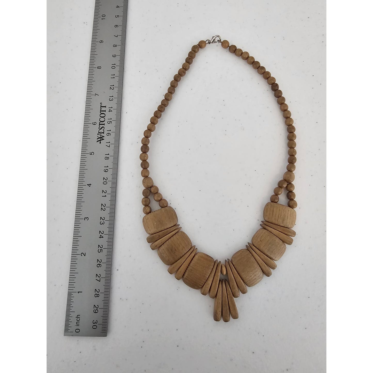 Vintage 1970s Mod Light Beige Wood Wooden Statement Piece Necklace Art Deco