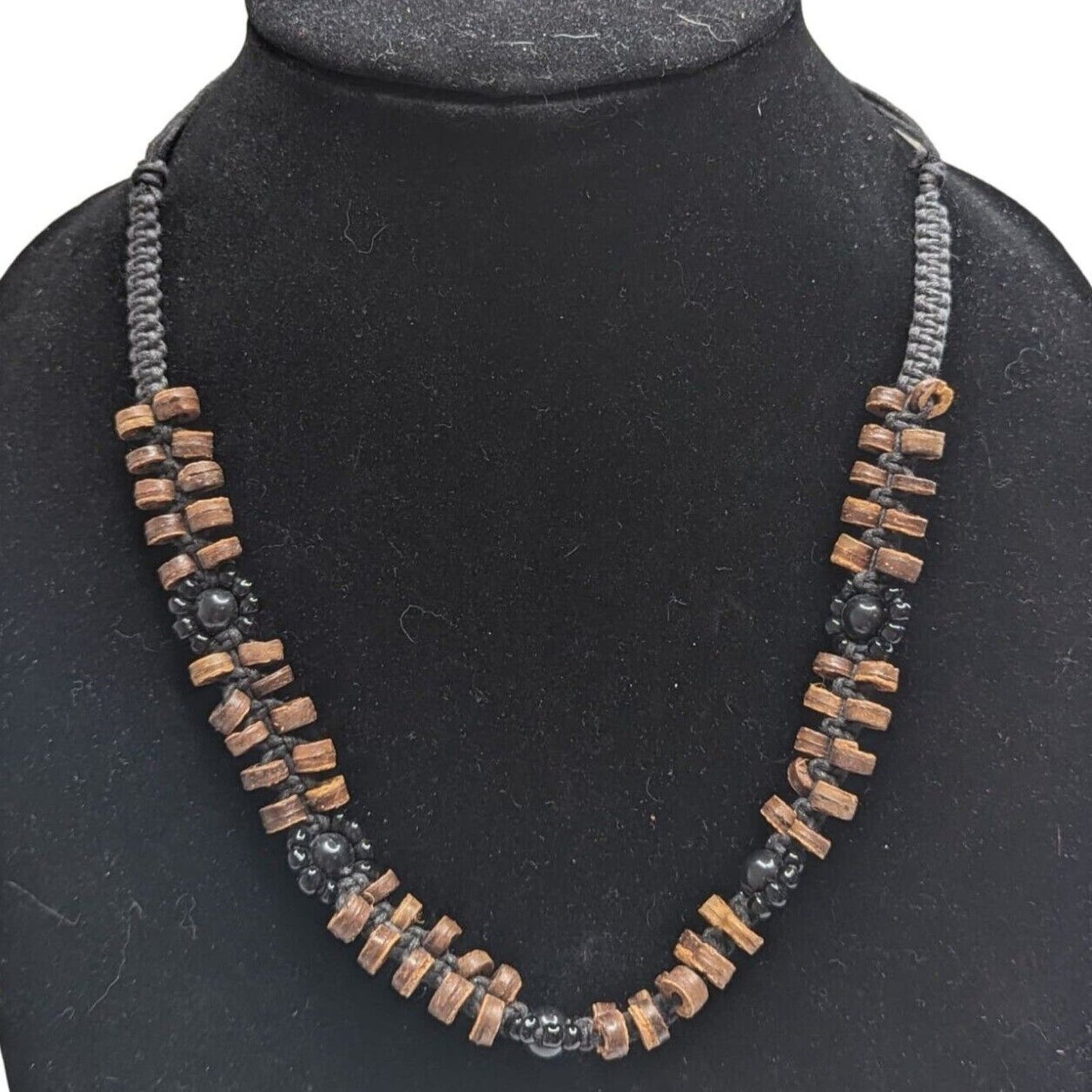 Vintage African 2 Strand Wooden and Beaded Necklace Black Brown