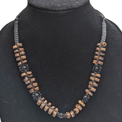 Vintage African 2 Strand Wooden and Beaded Necklace Black Brown