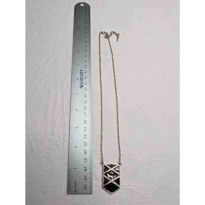 Vintage 1990s Silver Tone chain Pendant Necklace Enamel Geometric Black