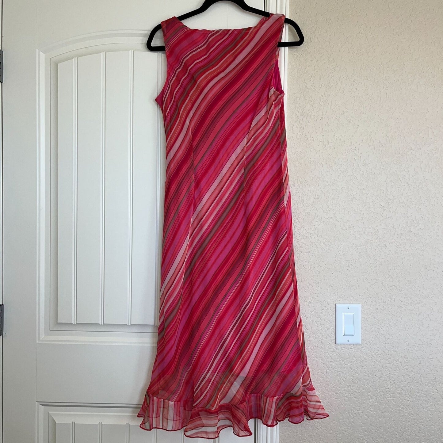 Vintage Believe Womens Sz 12 Pink Midi Dress Chiffon Striped Sleeveless
