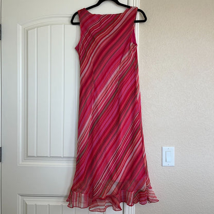 Vintage Believe Womens Sz 12 Pink Midi Dress Chiffon Striped Sleeveless