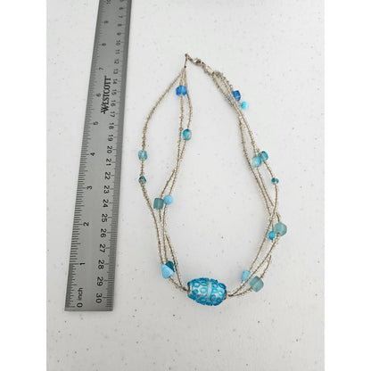 Vintage 1990s Glass Beaded Multi Strand Necklace clear and Blue Art To Wear