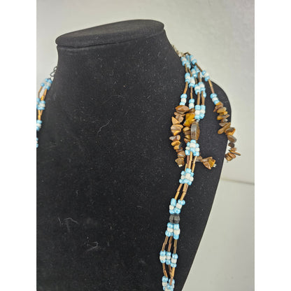 Vintage 1970s Multi Strand Long Necklace Blue and Brown Tones