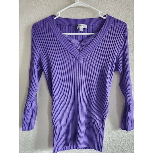 Vintage Dressbarn Womens Sz XL Long leeve Top Purple Ribbed Lace Detail