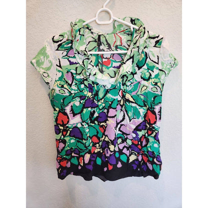 Tahari Womens Sz S Short Sleeve Blouse Silk Floral V Neck Ruffled Neckline