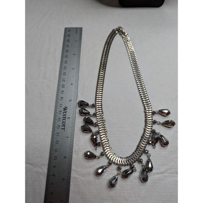 Vintage Silver and Black Teardrop Style Rhinestone Necklace