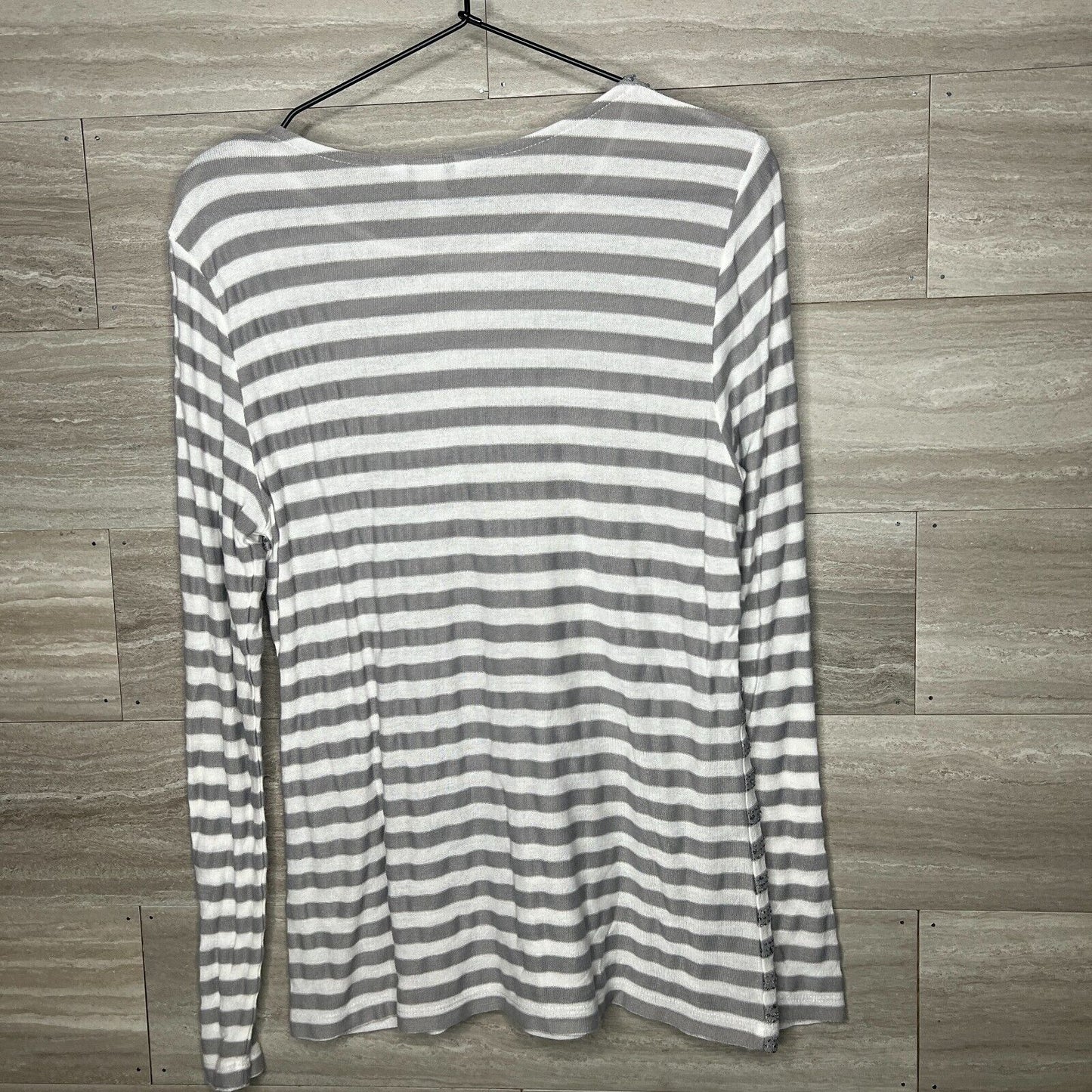 Christopher & Banks Womens Sz L Long Sleeve Gray White Striped Blouse Sparkly