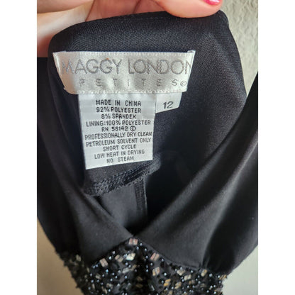 Vintage Maggy London 12P Petite Halter Midi Dress Black Formal Beaded