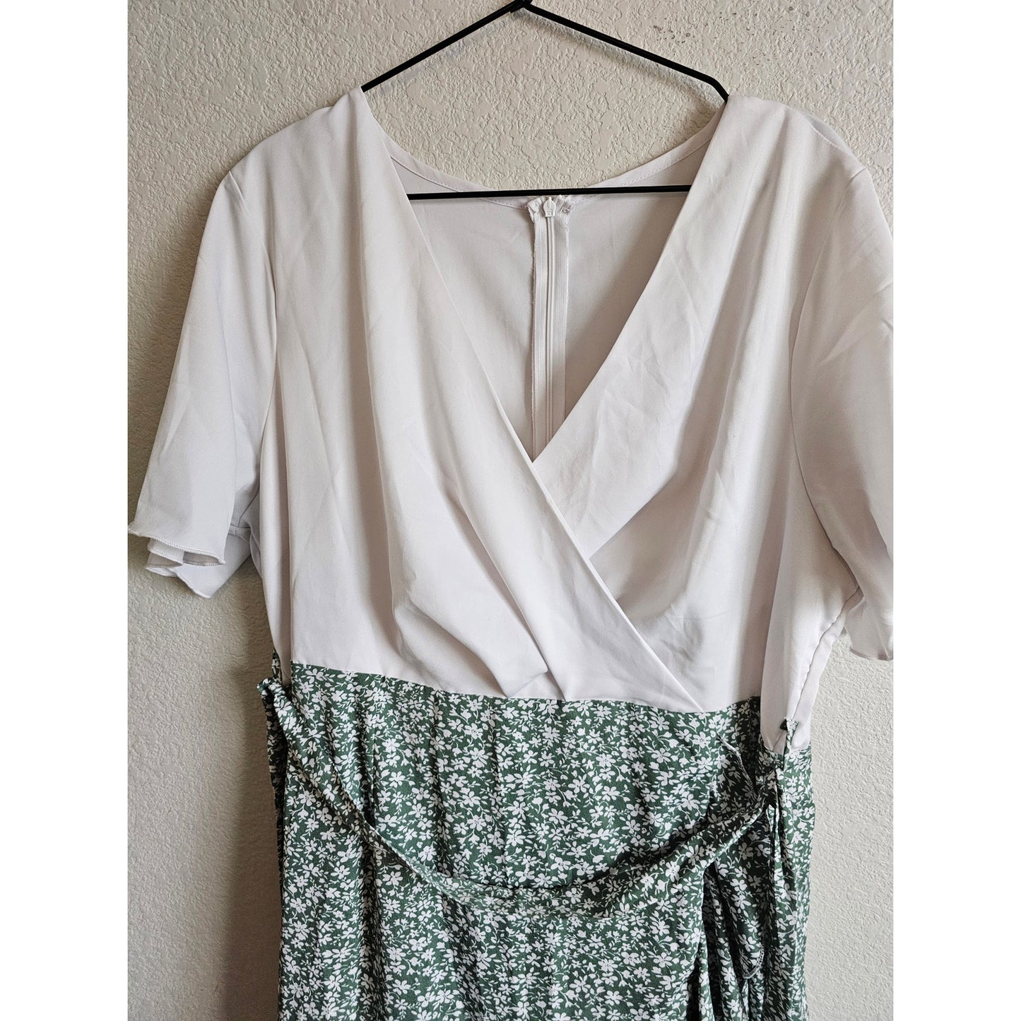 Shein Womens Sz XXL High Low Hem Tie Waist Dress White Green Floral