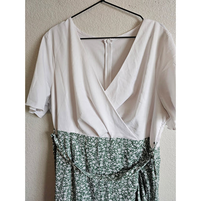 Shein Womens Sz XXL High Low Hem Tie Waist Dress White Green Floral