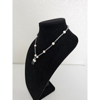 Vintage 1990s Silver Tone Metal Beaded Necklace w/ Pearl Accents