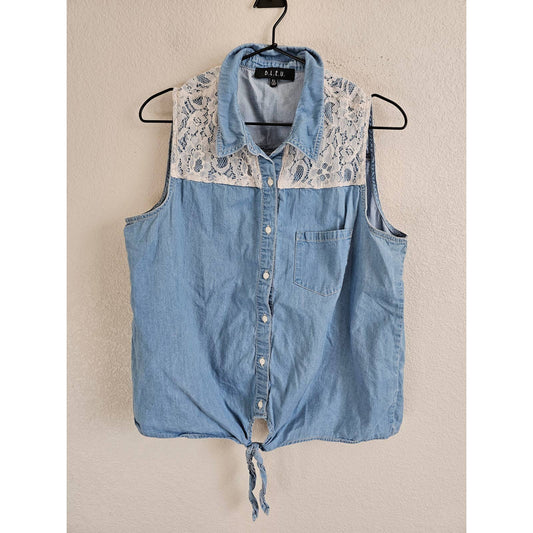 BLEU Camisa sin mangas con botones para mujer talla XL con ribete de encaje de mezclilla azul occidental