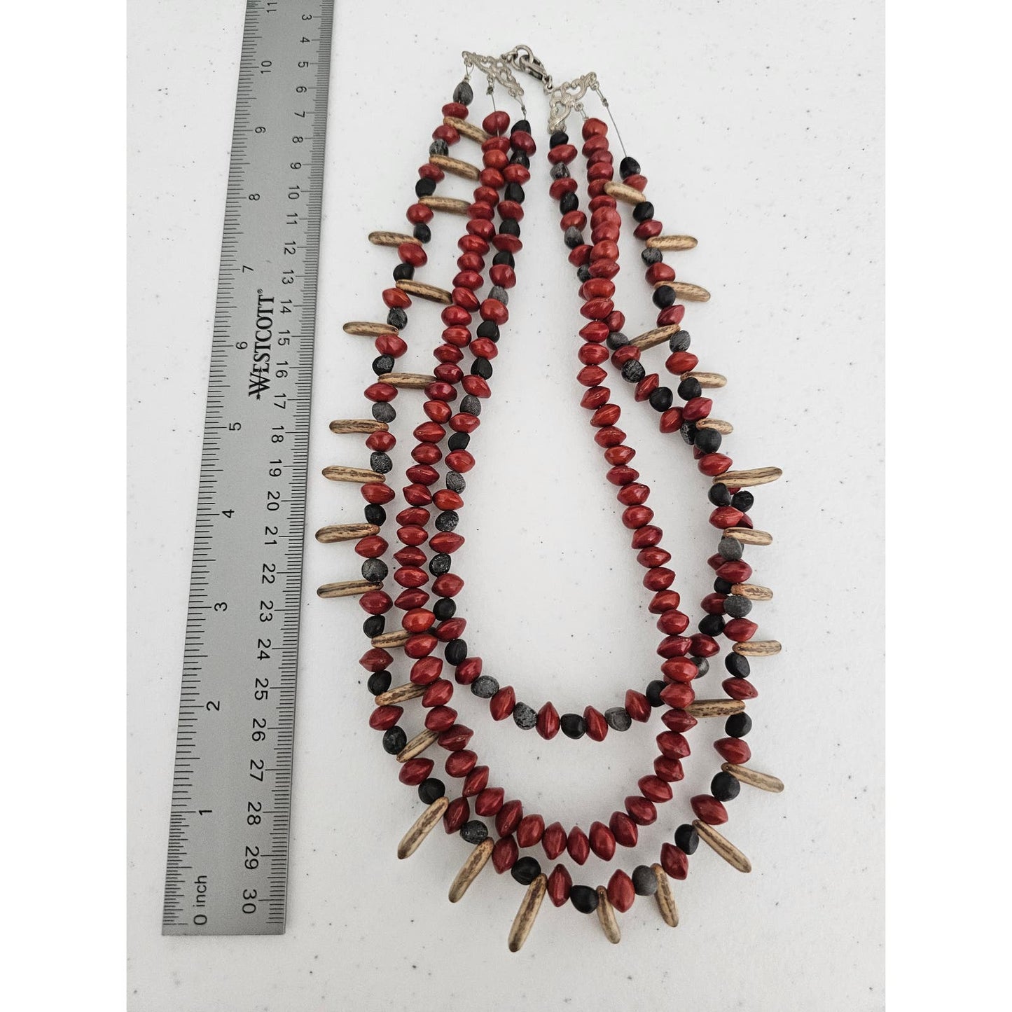 Vintage 1970s 3 Strand Beaded Necklace Red Wooden Beads