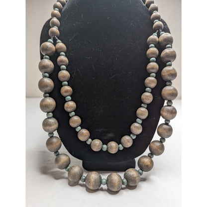 Vintage Mid Century 2 Strand Wooden Round Bead Necklace Muted Blue Gray