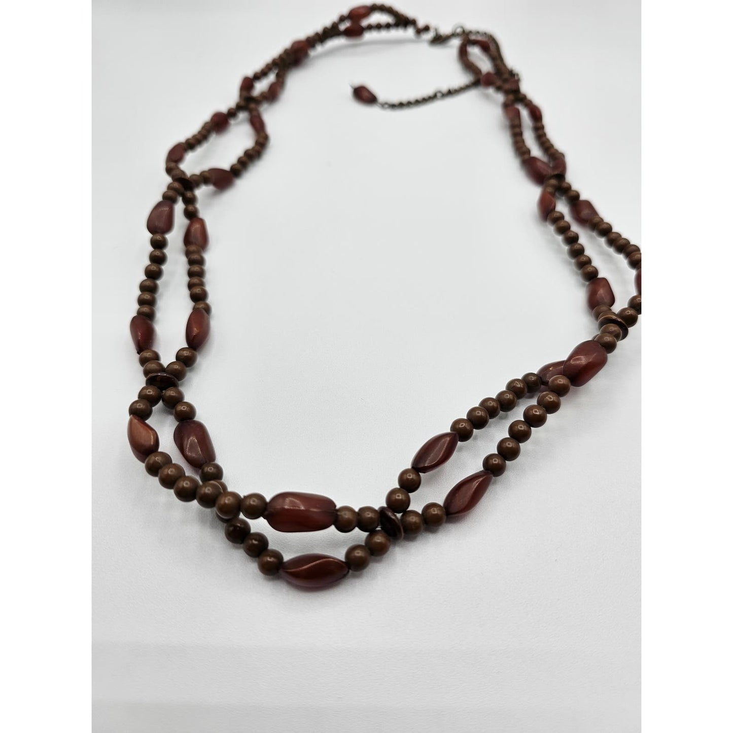 Vintage Mid Century 2 Strand Wooden Beaded Necklace Brown Tones