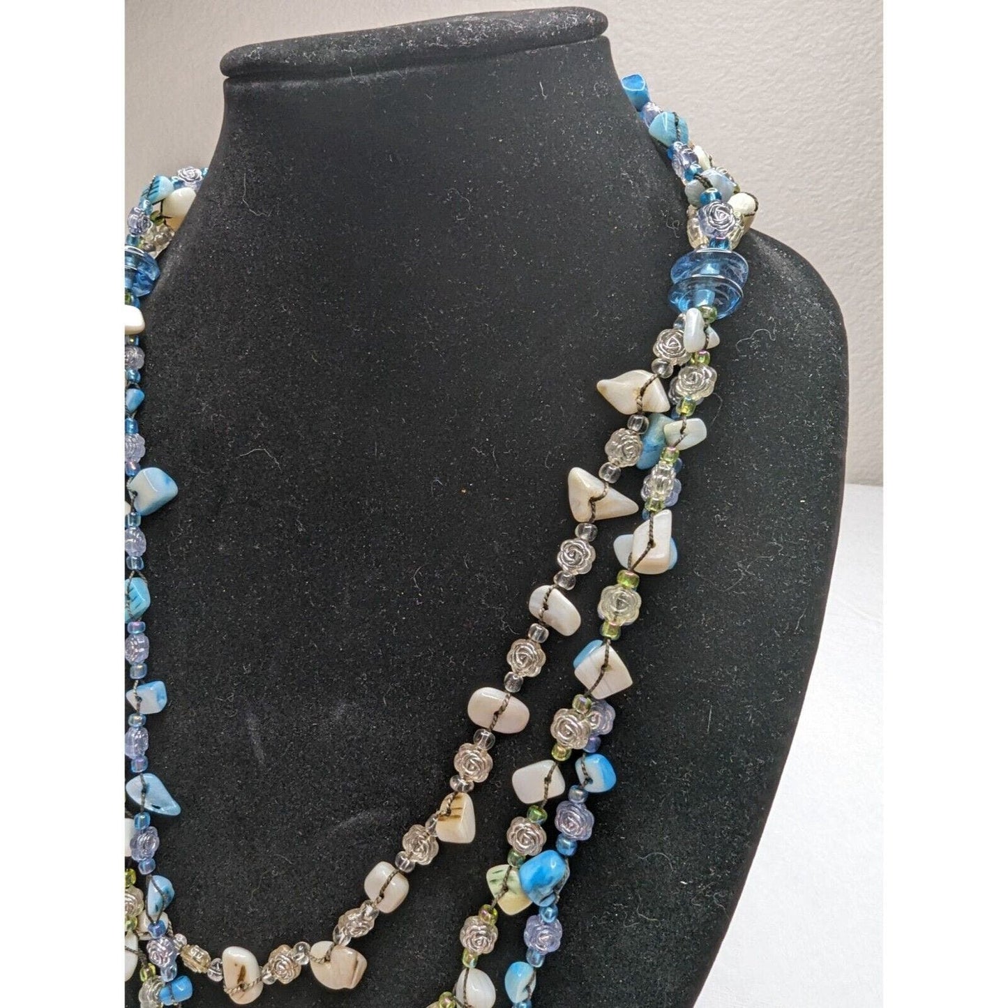 Vintage Multi Strand Beaded and Rock Necklace Blue Ivory Boho Layered