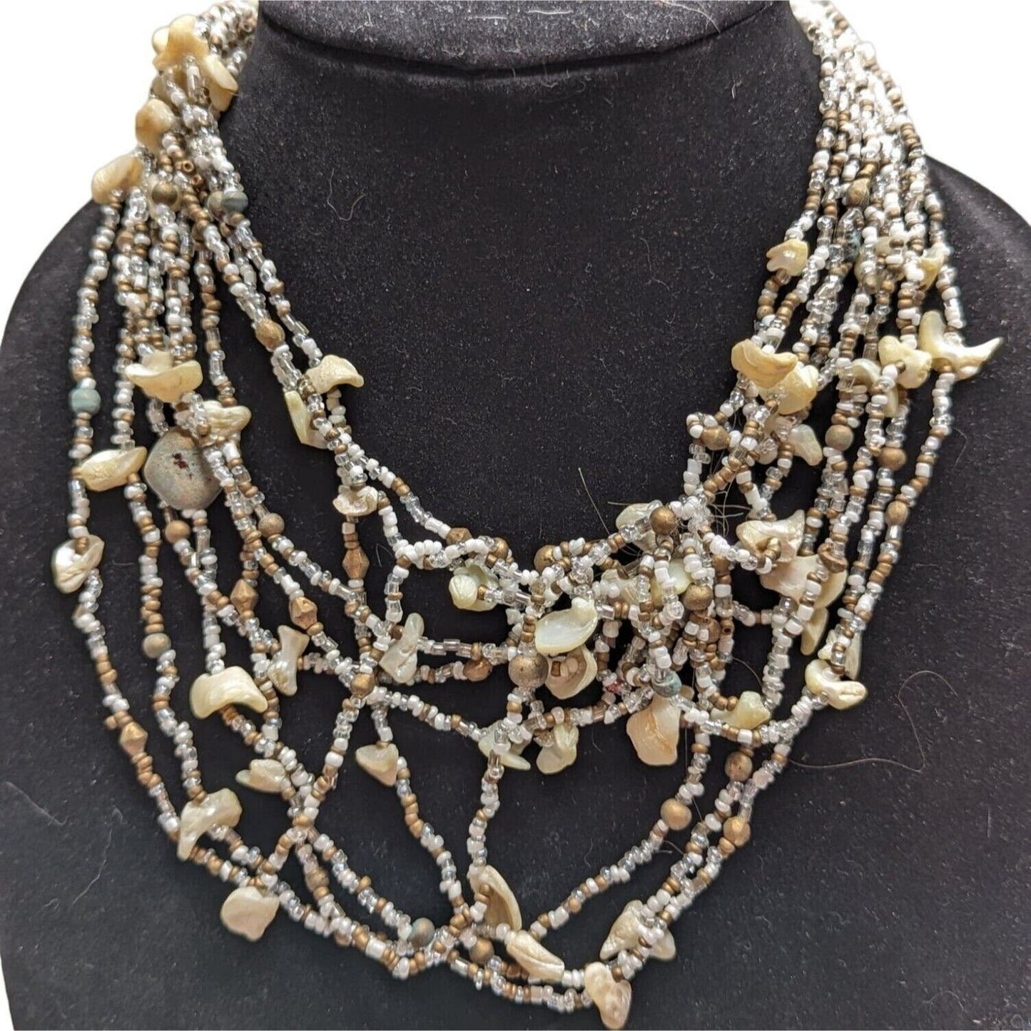 Vintage Womens Multi Strand Ivory Stone Mother Of Pearl Necklace 1970s